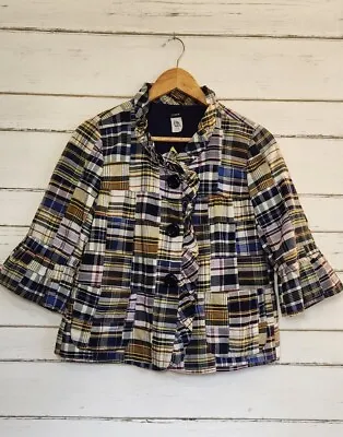 Sz 8 J Crew 'Fiona' Patch Madras Lightweight Jacket W/ Ruffle Sleeves & Trim • $19.99