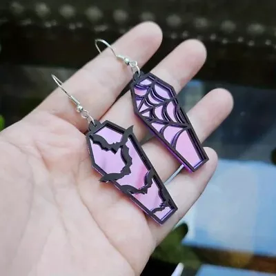 Spooktacular Halloween Earrings Unique Acrylic Coffin & Bat Gothic Purple • $0.99