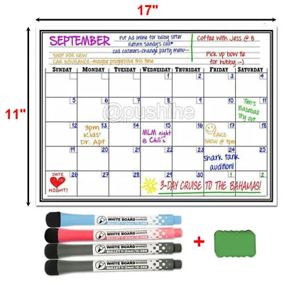 Magnetic Refrigerator Whiteboard Dry Erase Monthly Calendar Eraser Markers 17x11 • $9.92