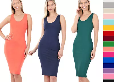 Basic Bodycon Tank Top Midi Dress Scoop Neck Soft Cotton Knit Sleeveless Solids • $7.99