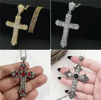 Gothic Women Men Crystal Cross Pendant 925 Silver Necklace Jesus Chain Jewelry • £3.47