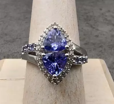 Estate Affinity Sterling Silver Tanzanite & Diamond Trillion Cut Ring Sz 9 QVC • £95.48