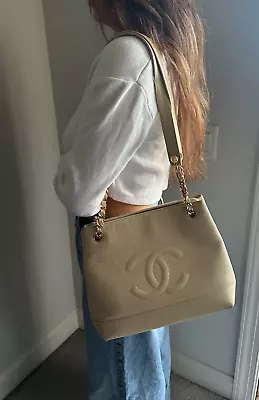 Chanel Cream Beige CC Logo Caviar Skin Chain Shoulder Small Tote Bag 1/ Card • $1099.24