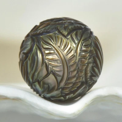 $206 • Buy Carved 12.93 Mm Tahitian South Sea Pearl Forrest Green Round Undrilled 2.87 G