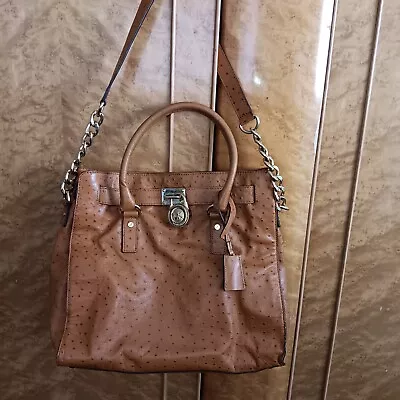 Michael Kors Hamilton Brown Ostrich Print Leather Purse Satchel Medium Bag • $140
