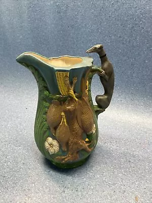 Signed Vintage Majolica Style Hunting Pitcher Greyhound Handle Hare Pheasant Fox • $44.99