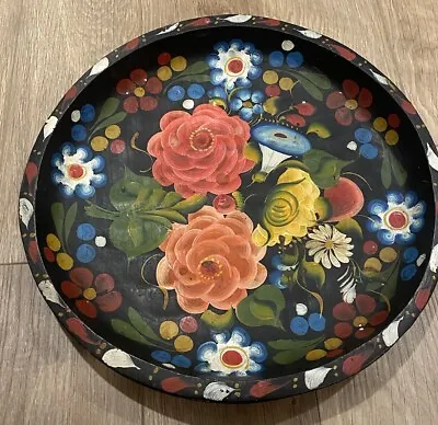 Vintage Old Hand Painted Mexican Folk Art Wood Floral Batea Bowl Tole Tray 15” • $29