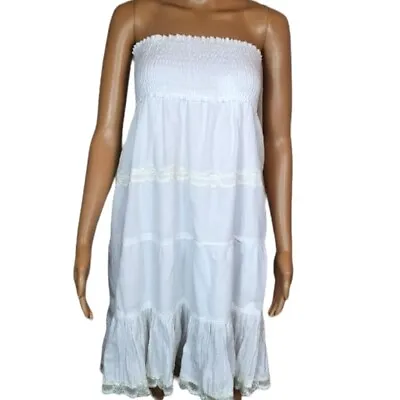 $27 • Buy Vintage White Boho Midi Skirt/ Strapless Dress Gypsy Tiered Size 10-12