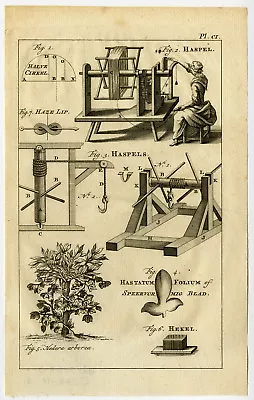 Antique Print-HECKLING COMB-TREE IVY-HALBERD SHAPED LEAF-WINDLASS-Buys-1770 • $69.50