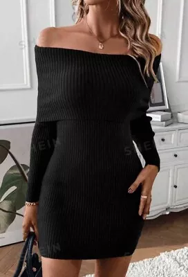 SHEIN Black Foldover Off Shoulder Bodycon Sweater Dress Size S UK 6-8 • £1