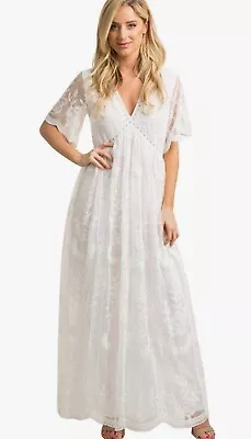 Maternity Dress White Lace Mesh Overlay Maternity Maxi Dress Boho V-neck Sheer • $25