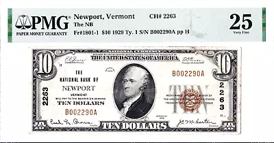 $10 1929 T1 National NEWPORT Vermont VT 🇺🇸 PMG 25 Very Fine! 🇺🇸 11 On Census • $395