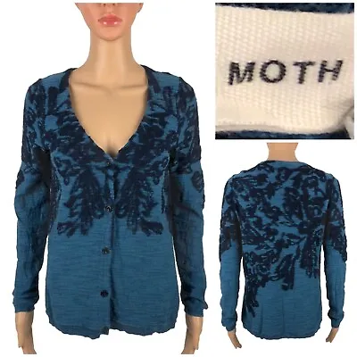 Moth Womens Small Cardigan Sweater Blue Buttons Textured Cotton Blend Floral • $39.99