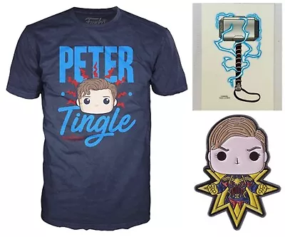 Funko MCC Peter Tingle T-Shirt(XL) Captain Marvel GITD Pin & Mjolnir GITD Decal • $19.99