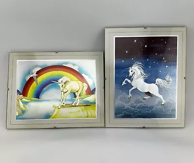 Vintage Dufex Foil Art Prints Unicorn Set Of 2 Glass Clip Framed • $14.99