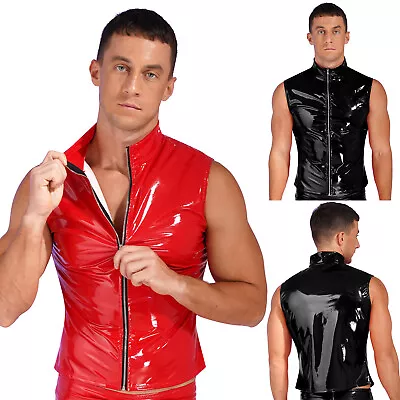 Mens Sleeveless Jacket Wet Look Patent Leather Stand Collar Vest Tops Clubwear • $12.87