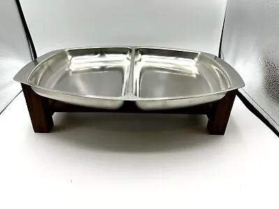 MCM Danish Divided Serving Dish W/Teak Stand  Kalmer Designs 18/8 SS • $38