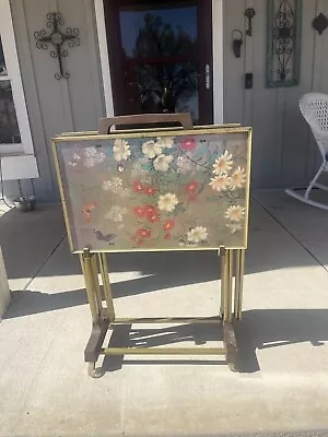 Vintage TV Trays Green Back Ground Floral With Gold Trim On Rolling Stand • $20