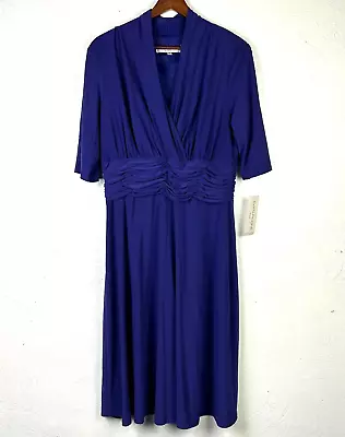 NWT Evan-Picone Dress Royal Purple Short Sleeve Midi Casual V Neck Solid Womens • $16.99