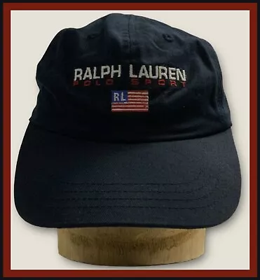 Vtg 90s Ralph Lauren Polo Sport RL Flag Navy Blue Strapback Buckle Hat Cap - USA • $41.99