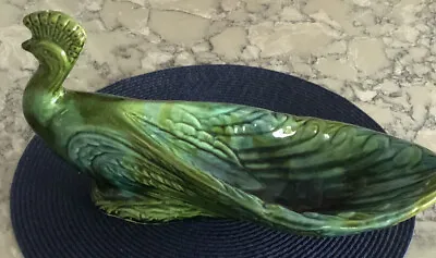$22 • Buy Vintage Ceramic Peacock Figure Green Turquoise Blue Candy Trinket Dish 14x7x5”