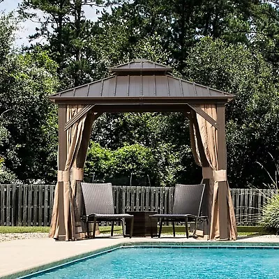 Domi 8’ X 8’ Hardtop Gazebo Outdoor Aluminum Gazebo W/Curtains And Net Brown • $799.98