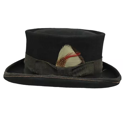 Men's Wool Vintage Retro British Style Distressed Faded Feather Flat Top Hat • $45