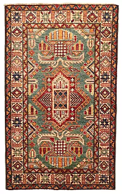 154 X 91 Cm | Vintage Handmade Afghan Carpet Kazak Green Oriental Wool Rug • £136