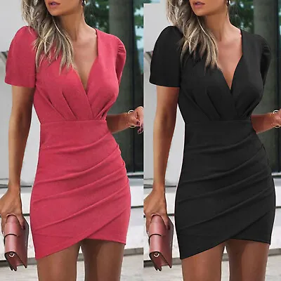 $27.89 • Buy Sexy Women V Neck Bodycon Dress Short Sleeve Evening Party Club Cocktail Dress