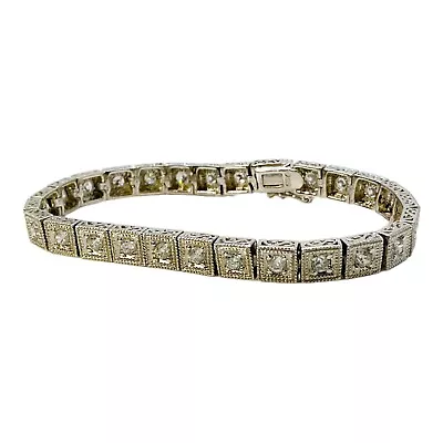 Art Deco Vtg Square CZ Sterling Silver Line Tennis Bracelet 7” • $49