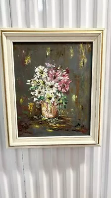 Colorful Flowers In Vintage Mid Century Still Life Oil Painting • $225