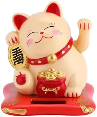 Lucky Beckoning Cat Solar Powered Waving Wealth Cat Feng Shui Decor For Shop  • $18.34