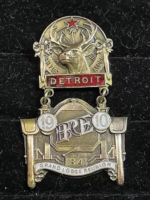 Vintage 1910 DETROIT BPOE ELKS Grand Lodge Reunion Badge Pin Medal - Automotive • $50