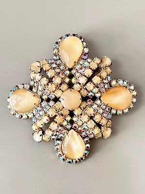 Vintage Unsigned Cross Brooch Beige Givre Moon Glow Cabochons AB Crystal! • $29