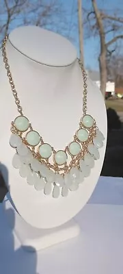 Mint Green Gold Tone Bib Necklace Beaded Teardrop Layered Articulated Fun • $13.87