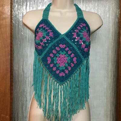 £12 • Buy ❤️Handmade Blue Pink Mix Crochet Halter Neck Fringe Crop Top. Size 6/8 Festival