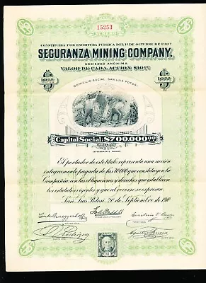 Mexico Bond - 1910 - Securanza Mining Co. With Stamp - Signed - #0015 • $12