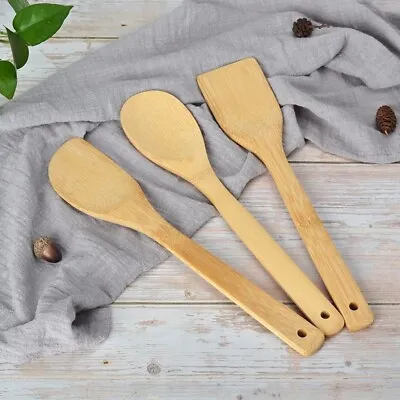 £3.99 • Buy 4 X BAMBOO SPOONS Wooden Spatula Spoon Kitchen Cooking Utensils Tools Turner Set