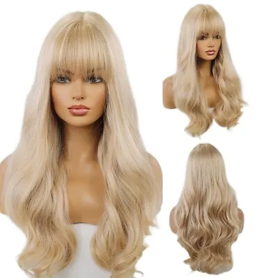 UK 24inch Cosplay Wig With Bangs No Lace Synthetic Hair Blonde Long Wavy Women • £15.99