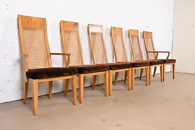 Milo Baughman Style Mid-Century Modern Burl Wood And Cane Dining Chairs By Lane • $3995