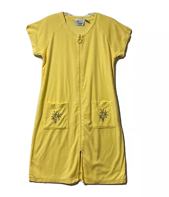 VTG Yellow Terry Cloth Dress Zip Up Beach Coverup Size M Palm Harbour Embroider • $35.99