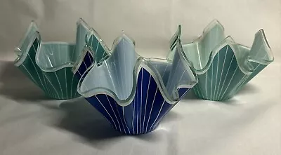 3 Vintage Chance Brothers Green And Blue Glass Handkerchief Vases - Some Wear • £25