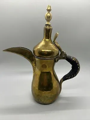 Brass Dallah Arabic Middle Metal Coffee Tea Pot 9.5” Leather Pitcher Handle • $125