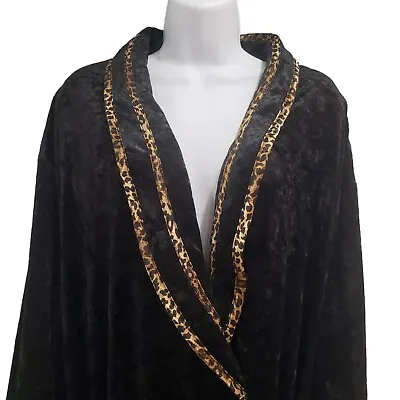 VTG Gilligan & O'malley Crushed Velvet Robe Cheetah Trim Black Goth Womens XL • £43.32
