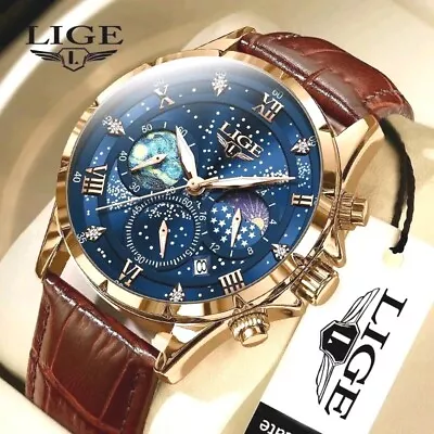 LIGE Mens Watch Quartz Chronograph Leather Strap Luminous Luxury Wristwatch  • £28.99