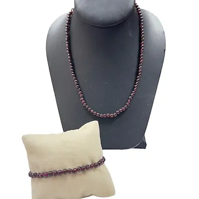 Vintage Garnet Sterling Silver Beaded Necklace And Bracelet Set • $38