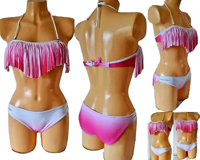 Womens Bikini Pink White Fringe Tassel Padded Bandeau Hipster Swimwear Uk 12 New • £12.95