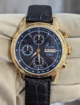 Bulova Accutron Rose Gold Chronograph Black Dial Leather Band Men's Watch 27C102 • $455