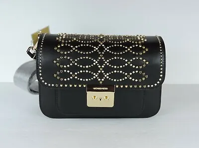 New Michael Kors Sloan Editor Shoulder Bag Black Leather Gold Studded Flap  • $159.99