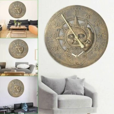 £16.79 • Buy Outdoor Clock Indoor Garden Wall Station Clock Thermometer 12 Inch Sun Moon UK